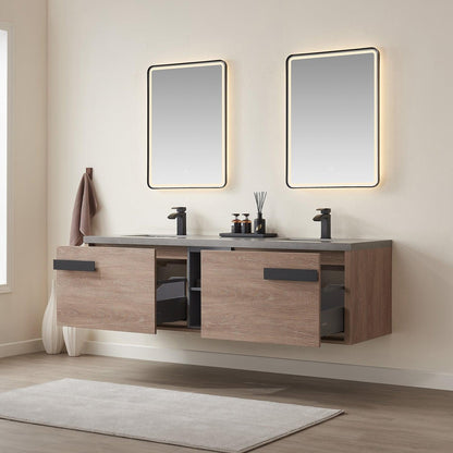 Vinnova Carcastillo 72" Double Sink Bath Vanity In North American Oak And Matte Black Hardware Finish With Grey Sintered Stone Top And Mirror