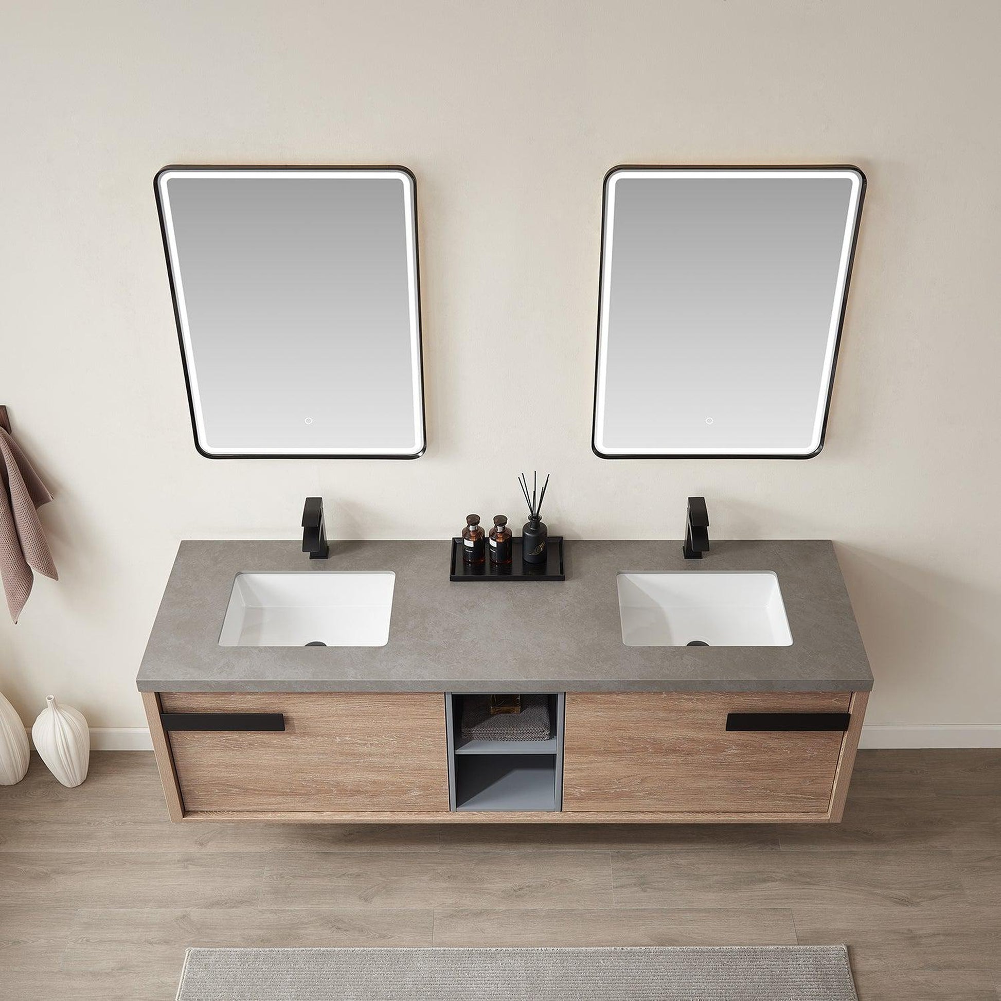 Vinnova Carcastillo 72" Double Sink Bath Vanity In North American Oak And Matte Black Hardware Finish With Grey Sintered Stone Top And Mirror