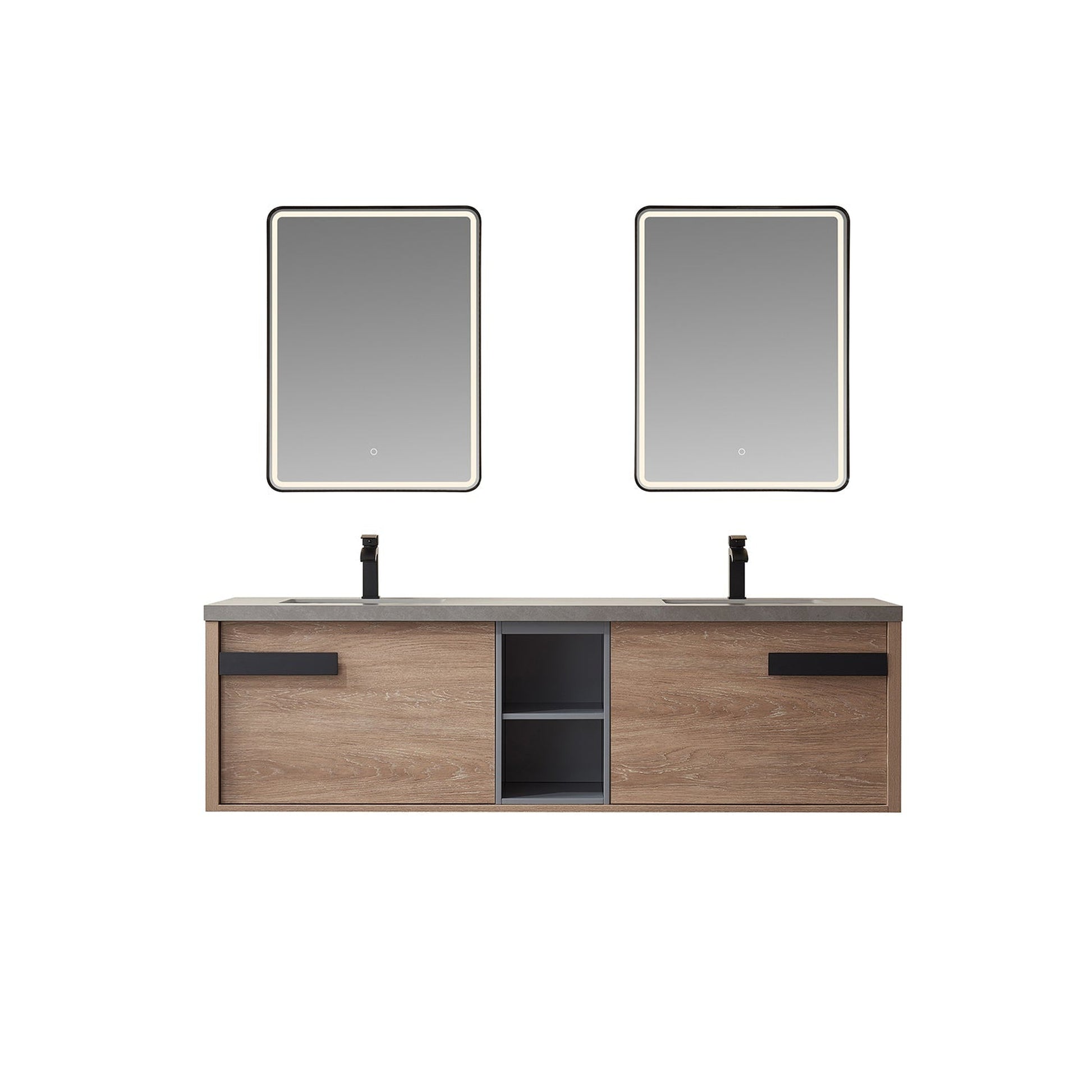 Vinnova Carcastillo 72" Double Sink Bath Vanity In North American Oak And Matte Black Hardware Finish With Grey Sintered Stone Top And Mirror