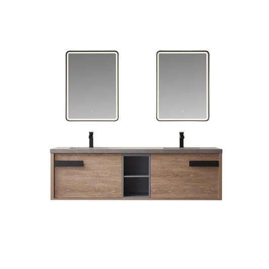 Vinnova Carcastillo 72" Double Sink Bath Vanity In North American Oak And Matte Black Hardware Finish With Grey Sintered Stone Top And Mirror