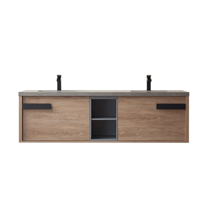 Vinnova Carcastillo 72" Double Sink Bath Vanity In North American Oak And Matte Black Hardware Finish With Grey Sintered Stone Top