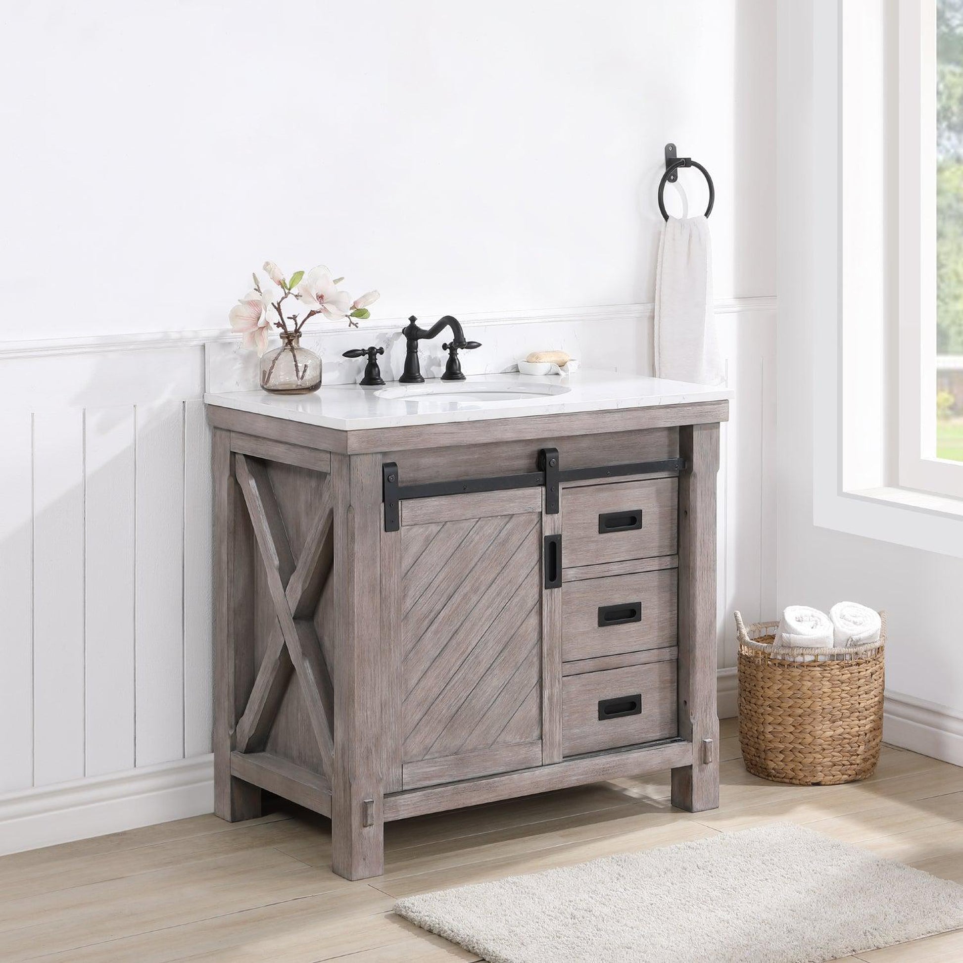 Vinnova Cortes 36" Single Sink Bath Vanity In Classical Grey Finish With White Composite Countertop