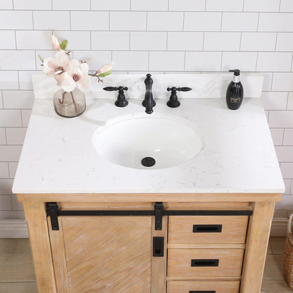 Vinnova Cortes 36" Single Sink Bath Vanity In Weathered Pine Finish With White Composite Countertop