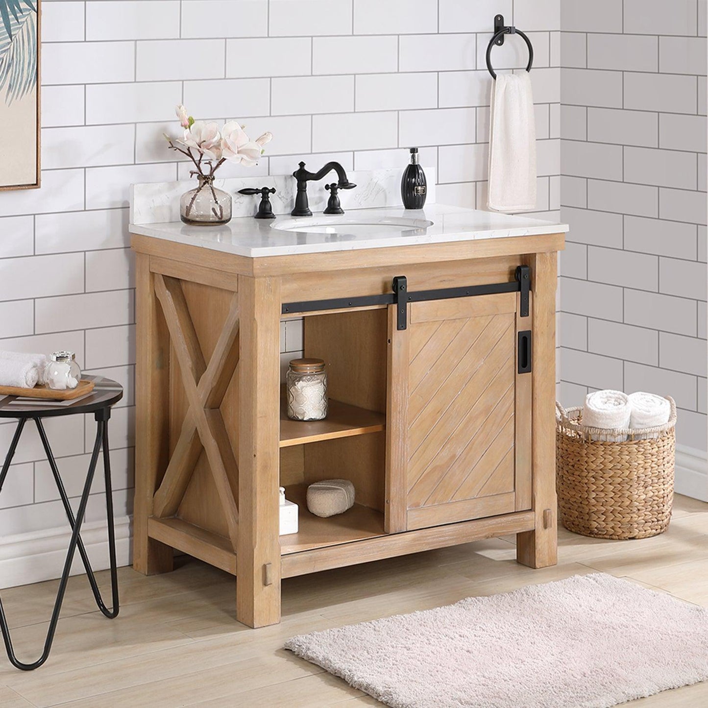 Vinnova Cortes 36" Single Sink Bath Vanity In Weathered Pine Finish With White Composite Countertop