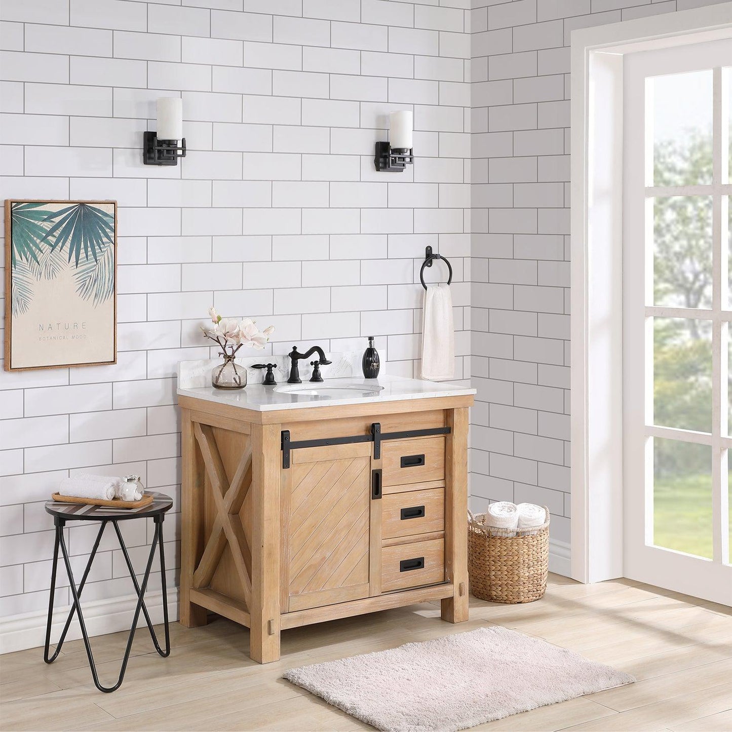 Vinnova Cortes 36" Single Sink Bath Vanity In Weathered Pine Finish With White Composite Countertop