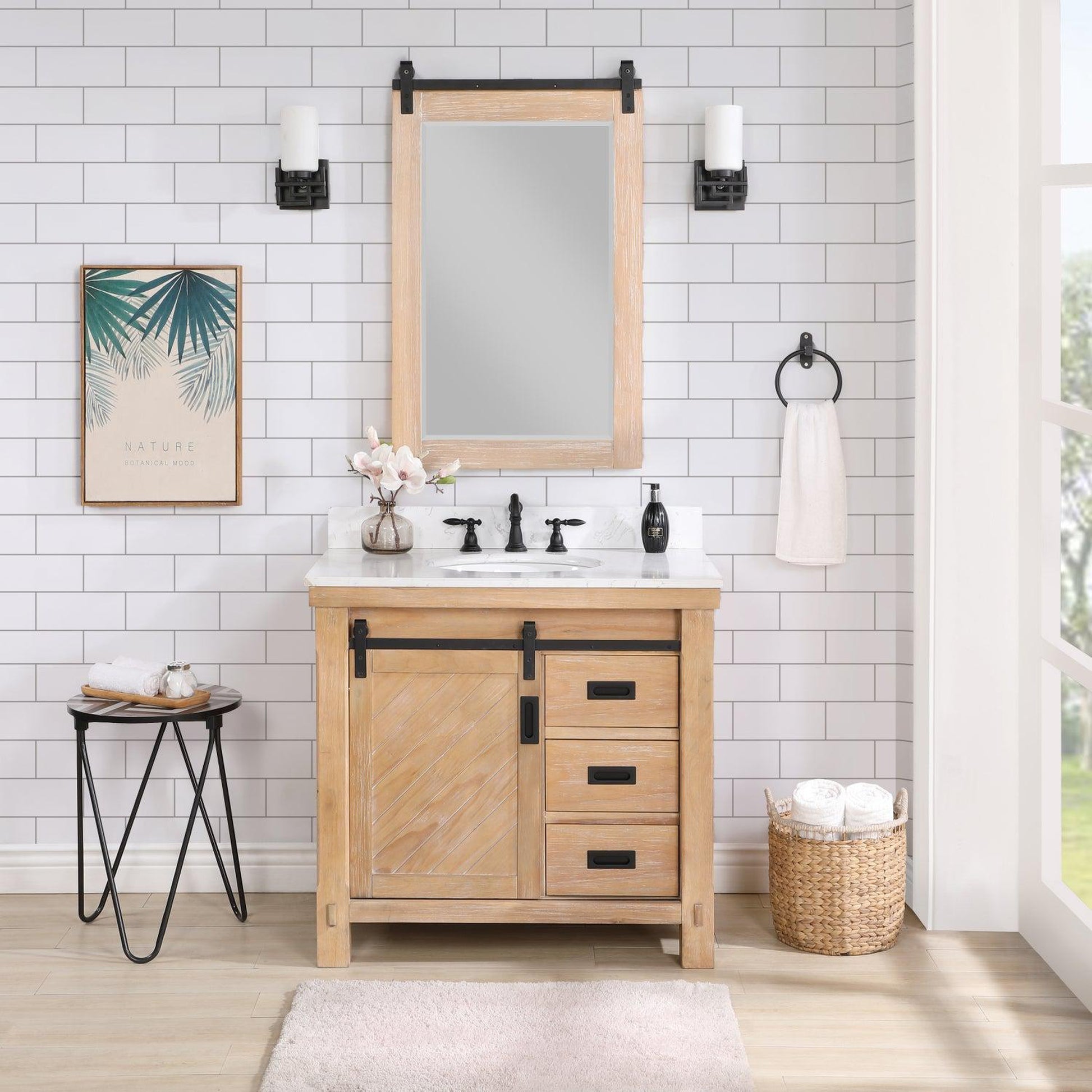 Vinnova Cortes 36" Single Sink Bath Vanity In Weathered Pine Finish With White Composite Countertop And Mirror