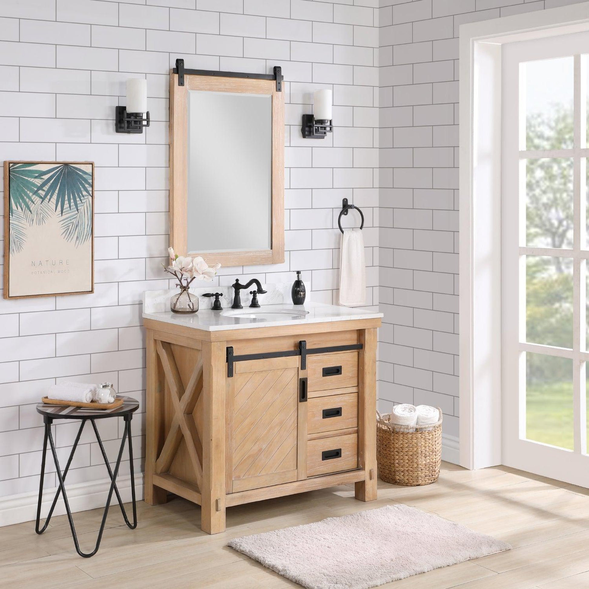 Vinnova Cortes 36" Single Sink Bath Vanity In Weathered Pine Finish With White Composite Countertop And Mirror