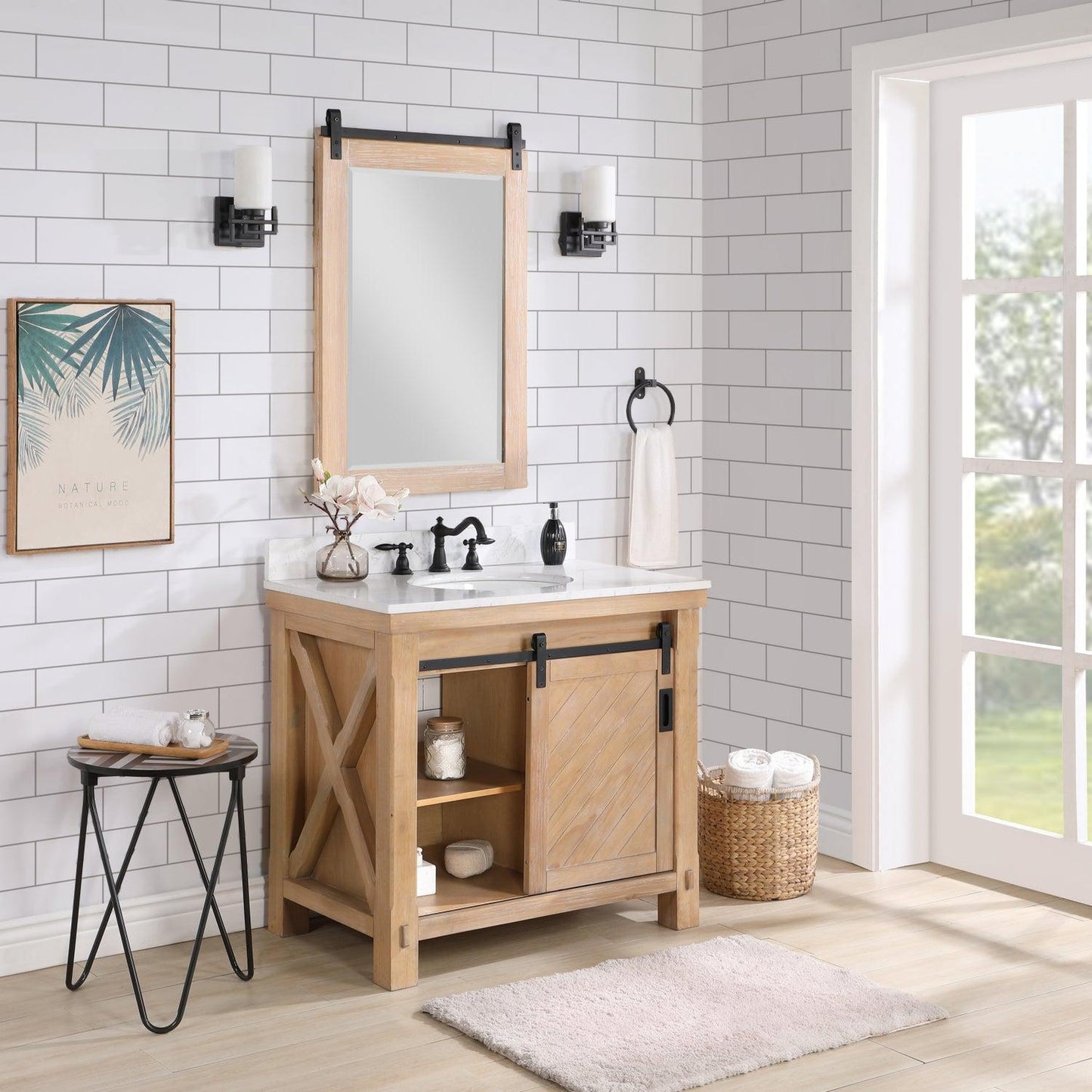 Vinnova Cortes 36" Single Sink Bath Vanity In Weathered Pine Finish With White Composite Countertop And Mirror