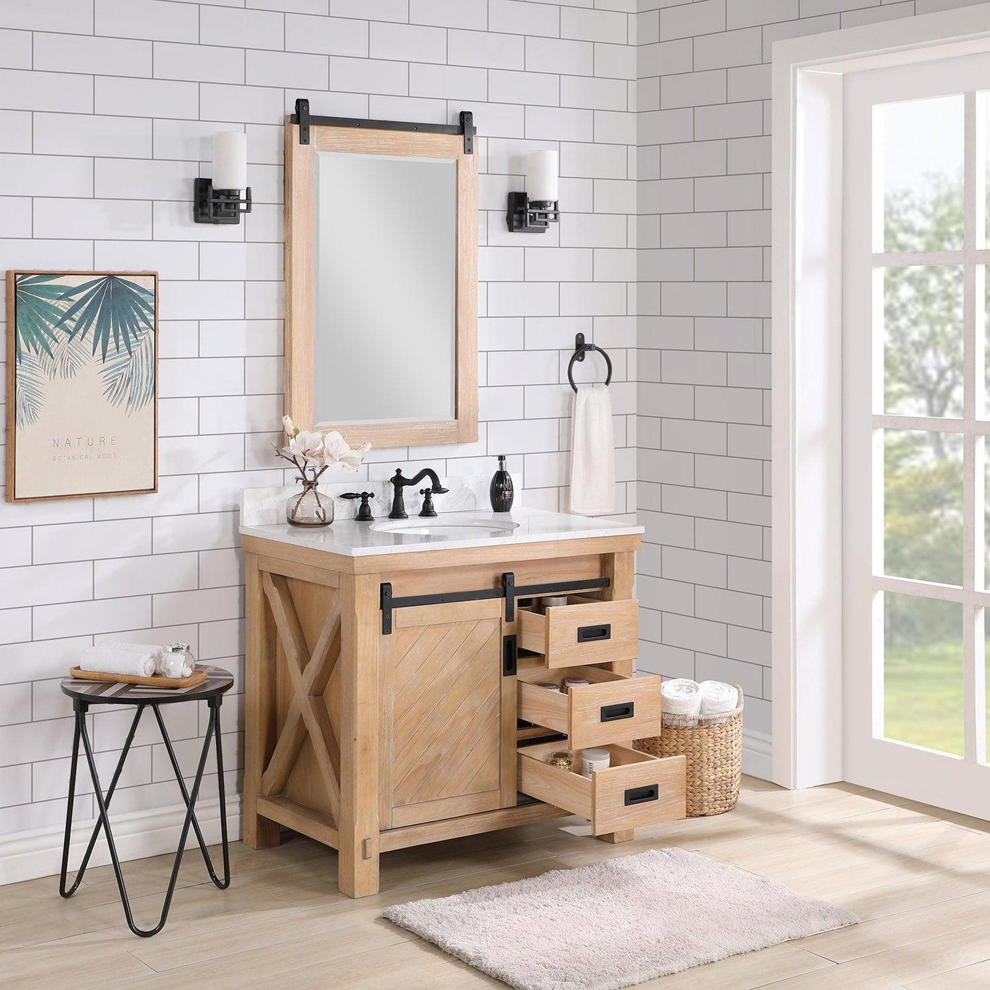 Vinnova Cortes 36" Single Sink Bath Vanity In Weathered Pine Finish With White Composite Countertop And Mirror