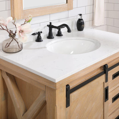 Vinnova Cortes 36" Single Sink Bath Vanity In Weathered Pine Finish With White Composite Countertop And Mirror