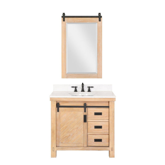 Vinnova Cortes 36" Single Sink Bath Vanity In Weathered Pine Finish With White Composite Countertop And Mirror