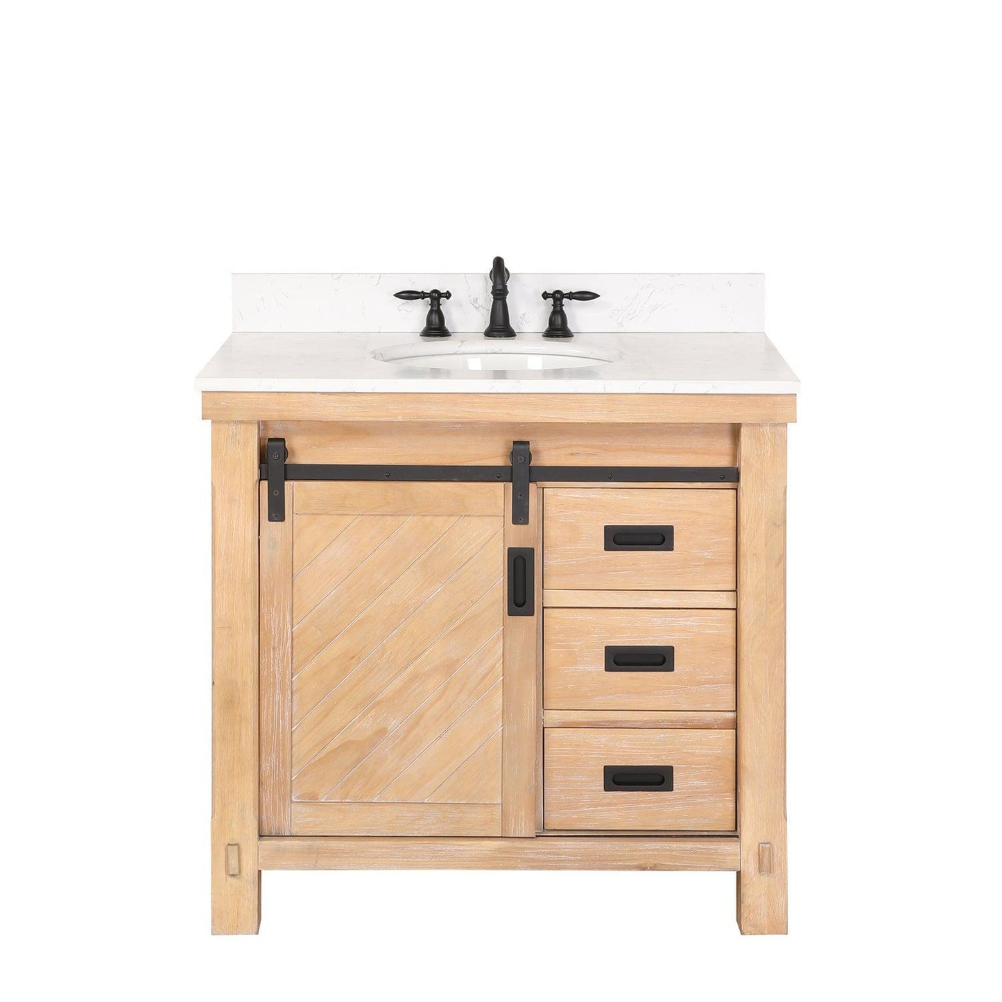 Vinnova Cortes 36" Single Sink Bath Vanity In Weathered Pine Finish With White Composite Countertop