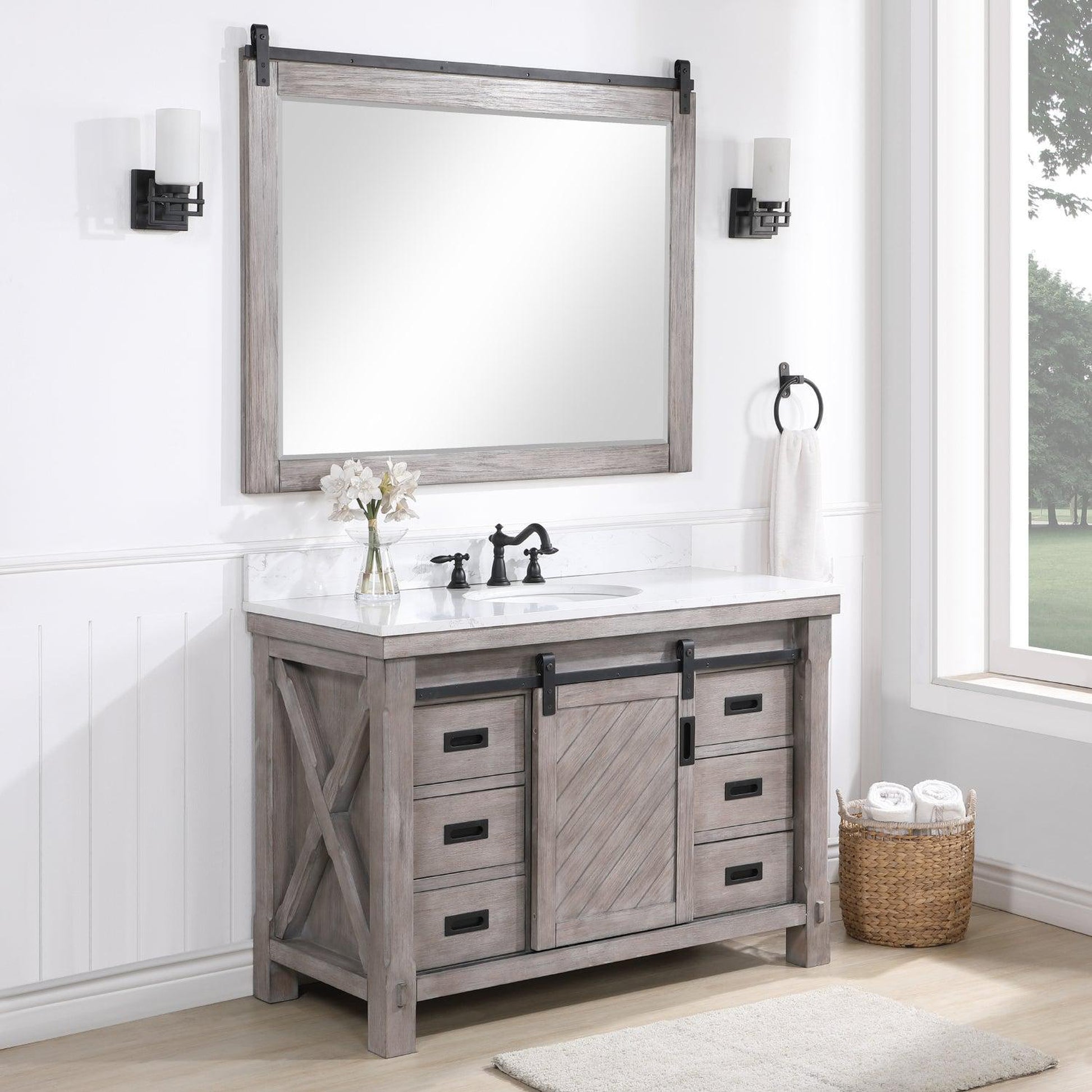 Vinnova Cortes 48" Single Sink Bath Vanity In Classical Grey Finish With White Composite Countertop And Mirror