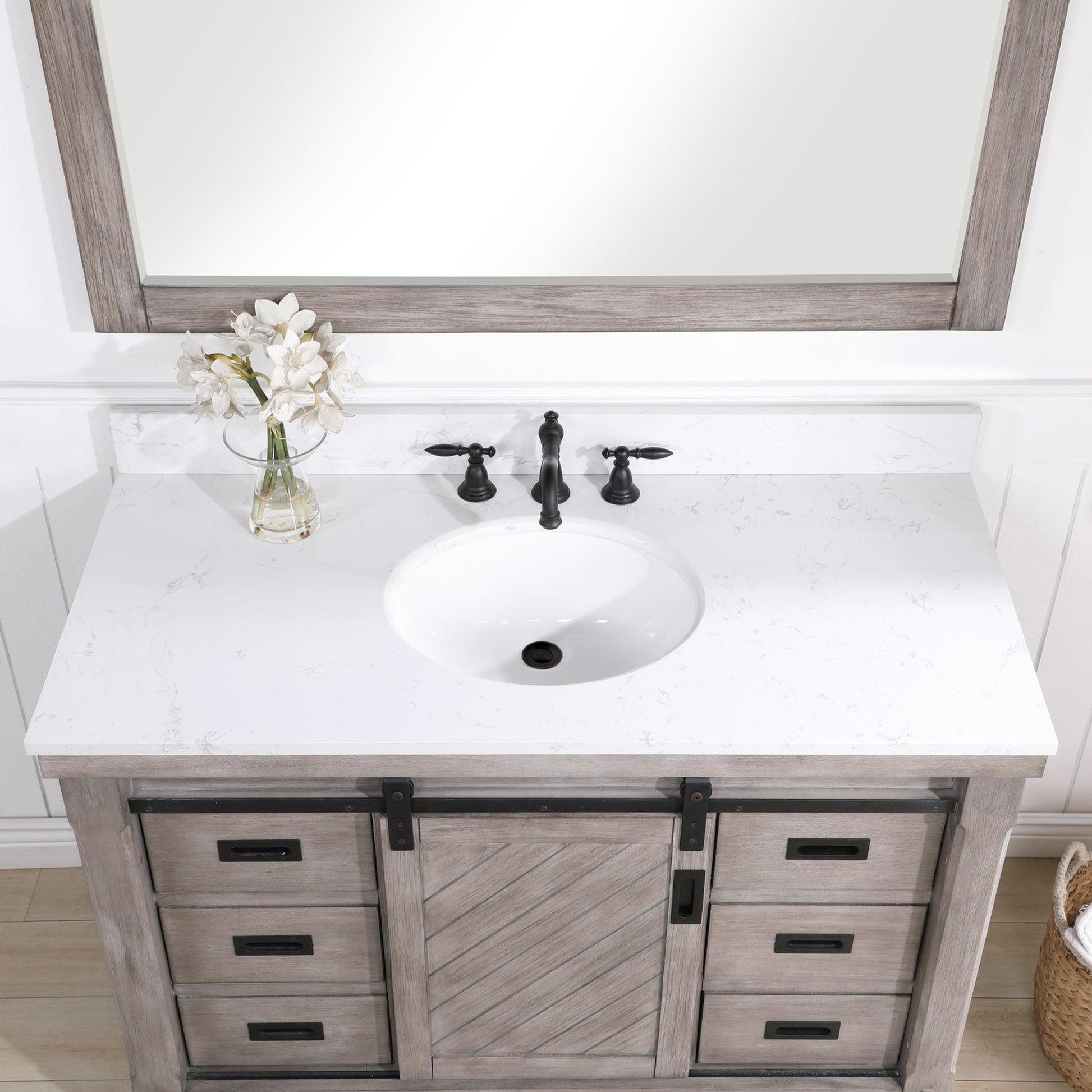 Vinnova Cortes 48" Single Sink Bath Vanity In Classical Grey Finish With White Composite Countertop And Mirror