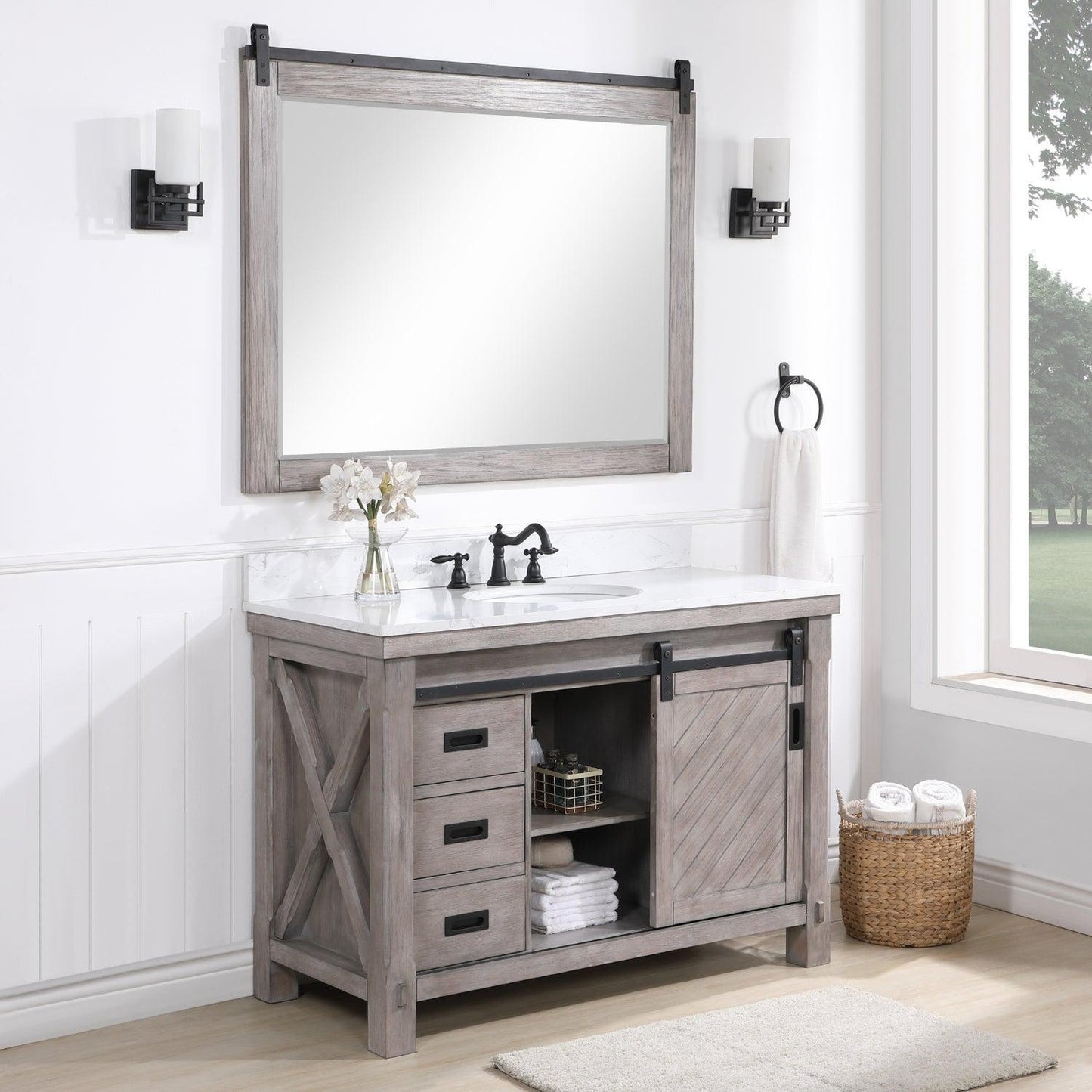 Vinnova Cortes 48" Single Sink Bath Vanity In Classical Grey Finish With White Composite Countertop And Mirror