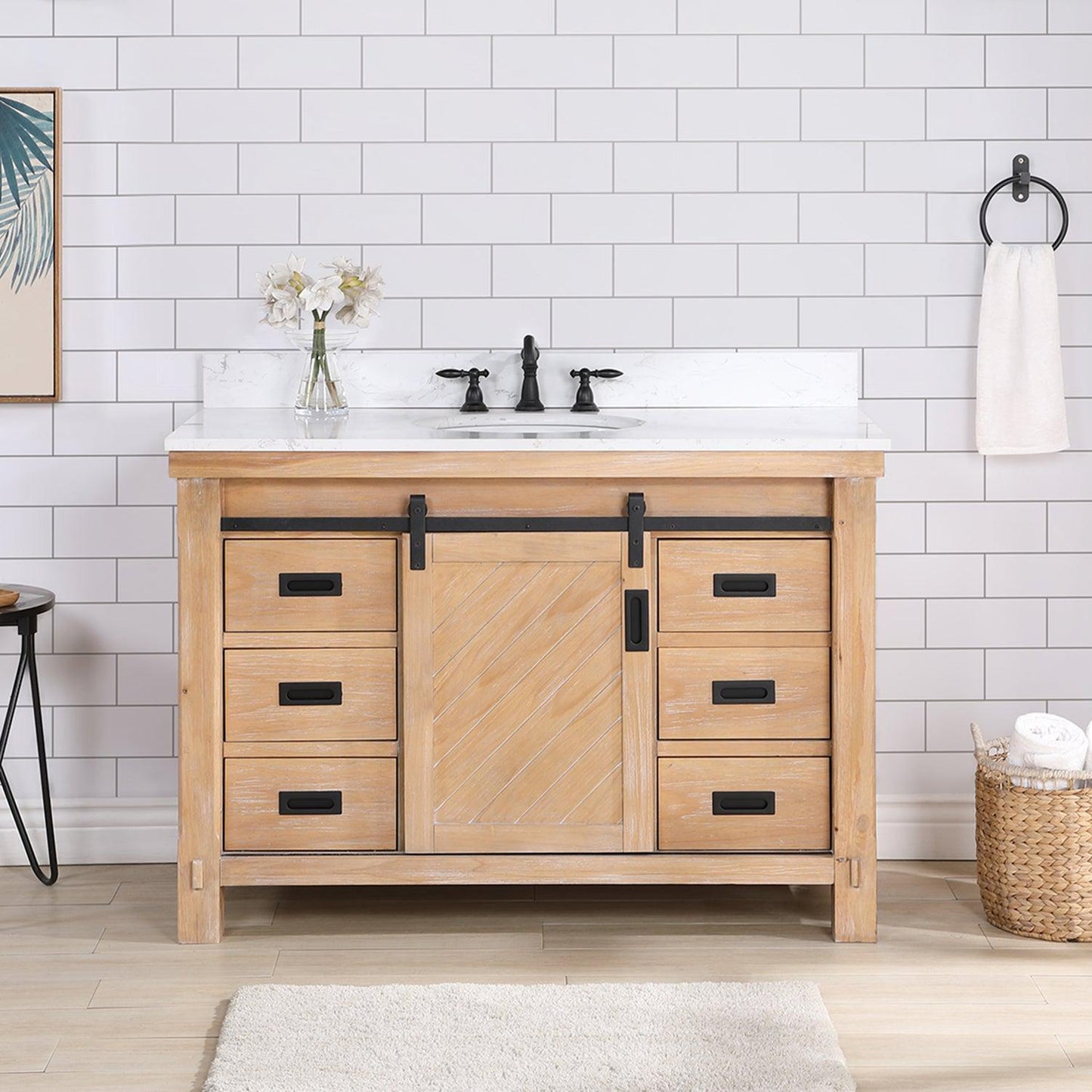 Vinnova Cortes 48" Single Sink Bath Vanity In Weathered Pine Finish With White Composite Countertop