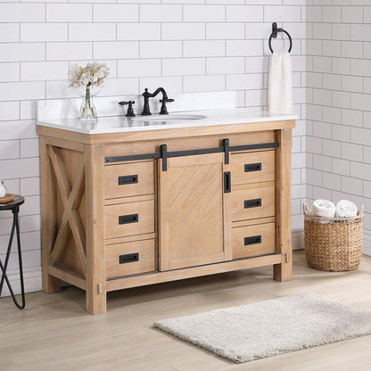 Vinnova Cortes 48" Single Sink Bath Vanity In Weathered Pine Finish With White Composite Countertop