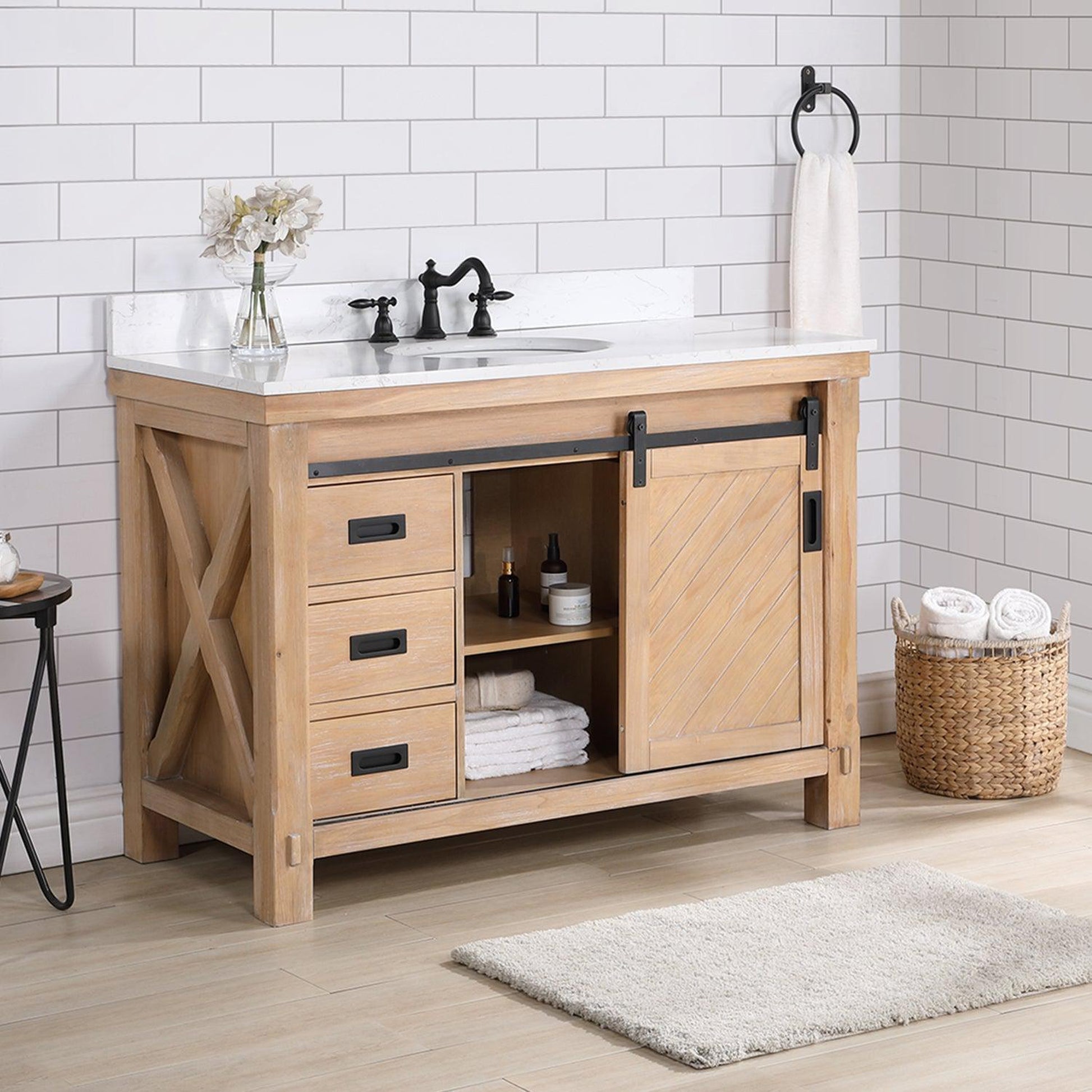Vinnova Cortes 48" Single Sink Bath Vanity In Weathered Pine Finish With White Composite Countertop