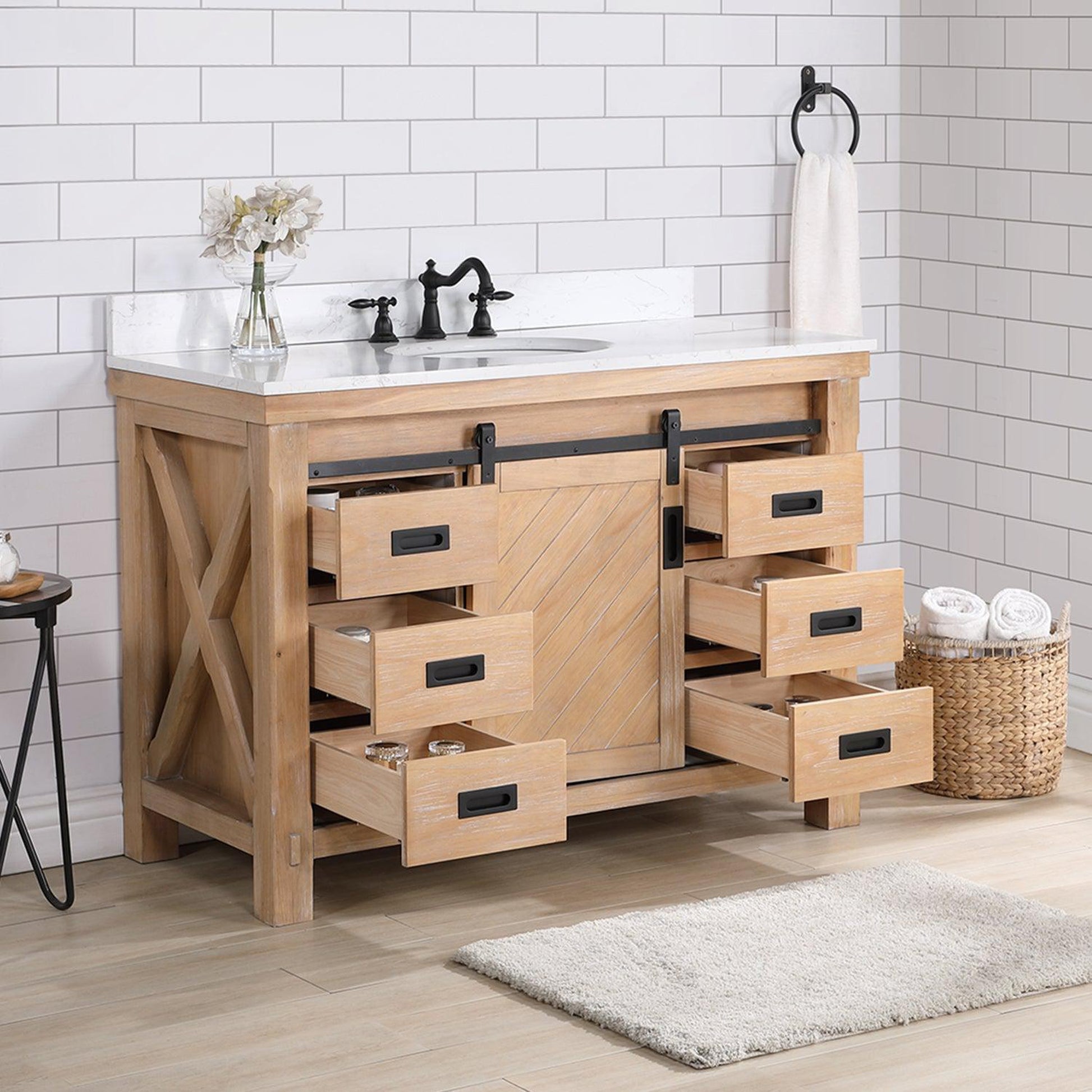 Vinnova Cortes 48" Single Sink Bath Vanity In Weathered Pine Finish With White Composite Countertop