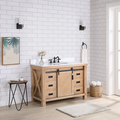 Vinnova Cortes 48" Single Sink Bath Vanity In Weathered Pine Finish With White Composite Countertop