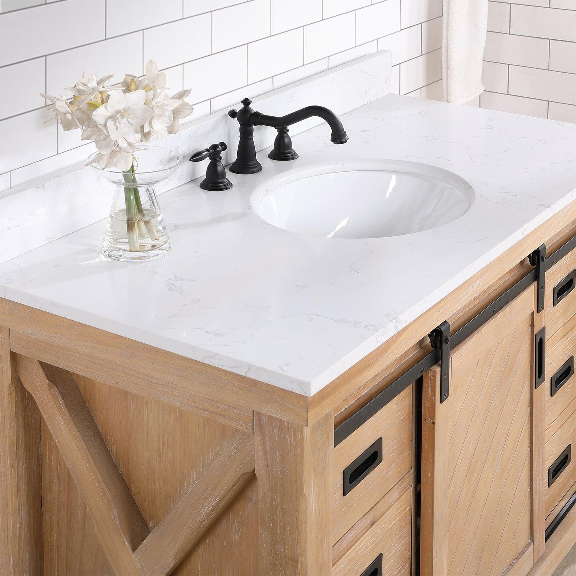 Vinnova Cortes 48" Single Sink Bath Vanity In Weathered Pine Finish With White Composite Countertop