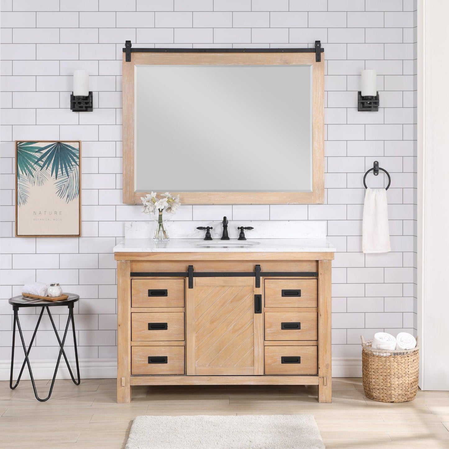 Vinnova Cortes 48" Single Sink Bath Vanity In Weathered Pine Finish With White Composite Countertop And Mirror