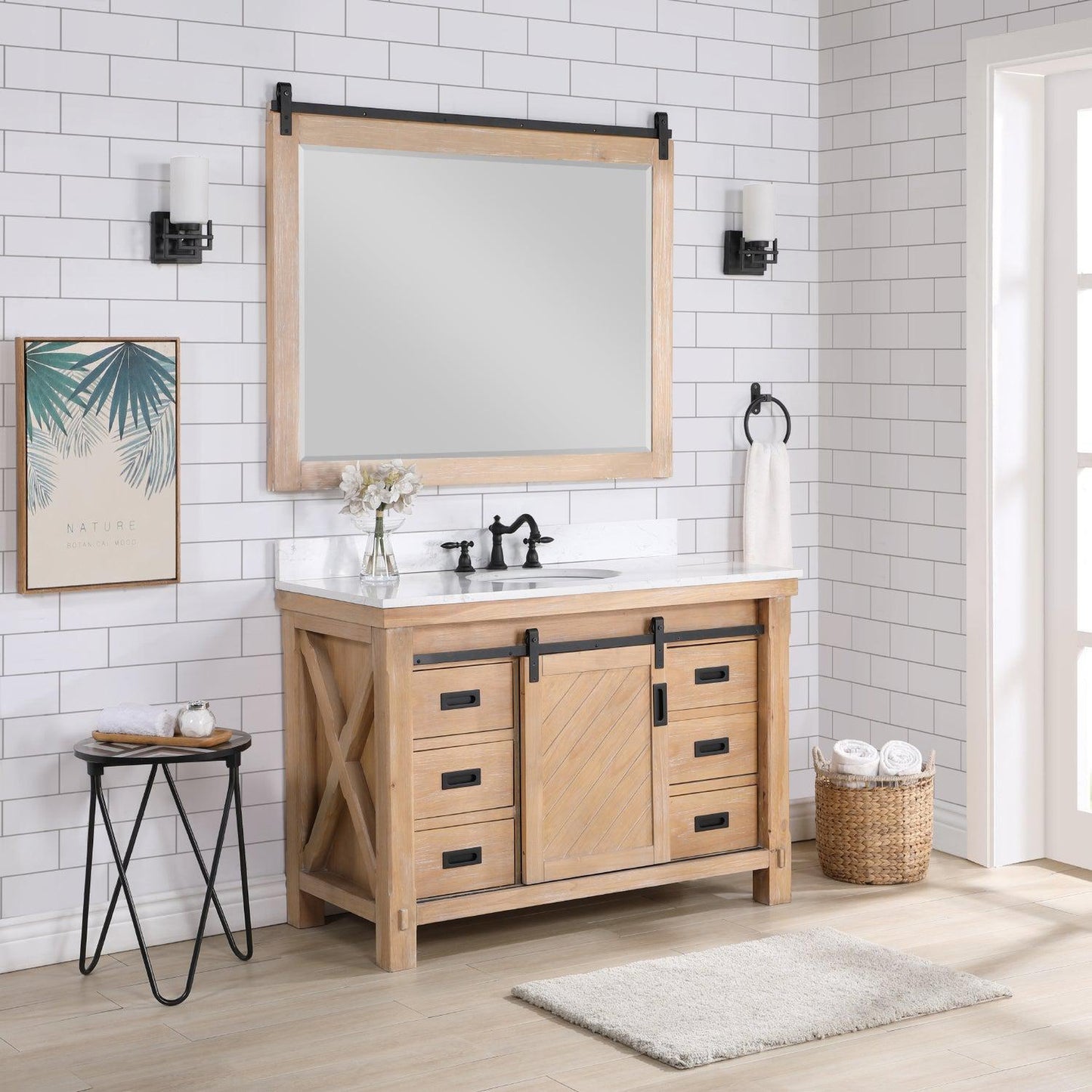 Vinnova Cortes 48" Single Sink Bath Vanity In Weathered Pine Finish With White Composite Countertop And Mirror