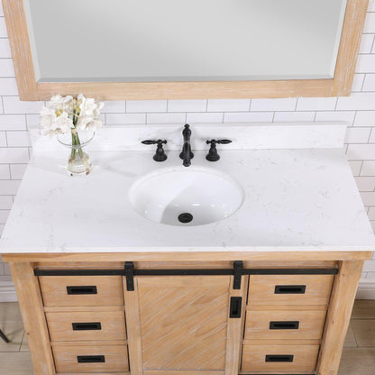 Vinnova Cortes 48" Single Sink Bath Vanity In Weathered Pine Finish With White Composite Countertop And Mirror