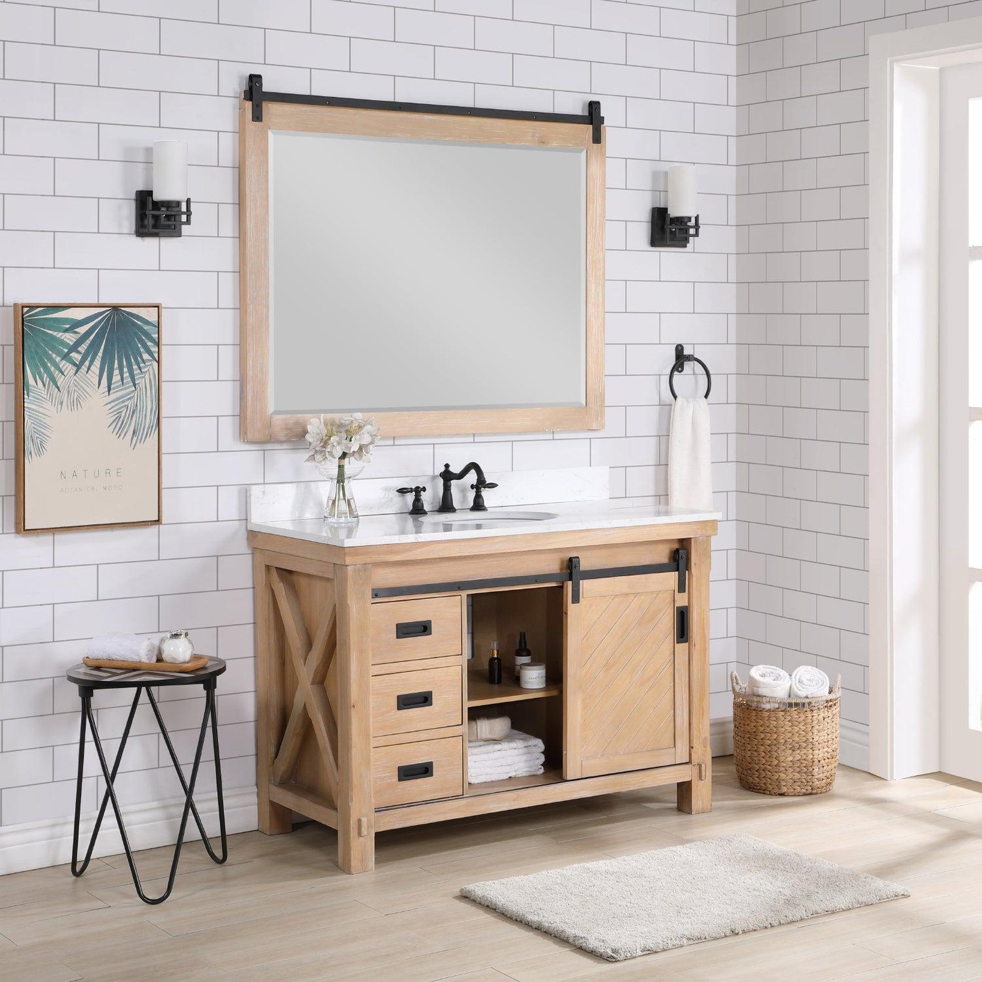 Vinnova Cortes 48" Single Sink Bath Vanity In Weathered Pine Finish With White Composite Countertop And Mirror