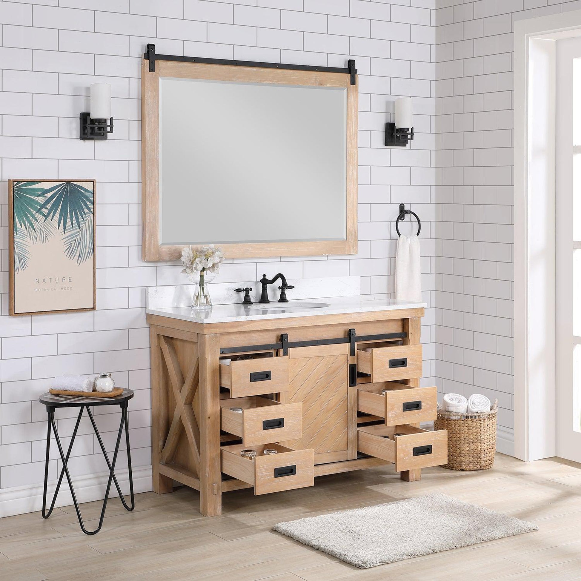 Vinnova Cortes 48" Single Sink Bath Vanity In Weathered Pine Finish With White Composite Countertop And Mirror