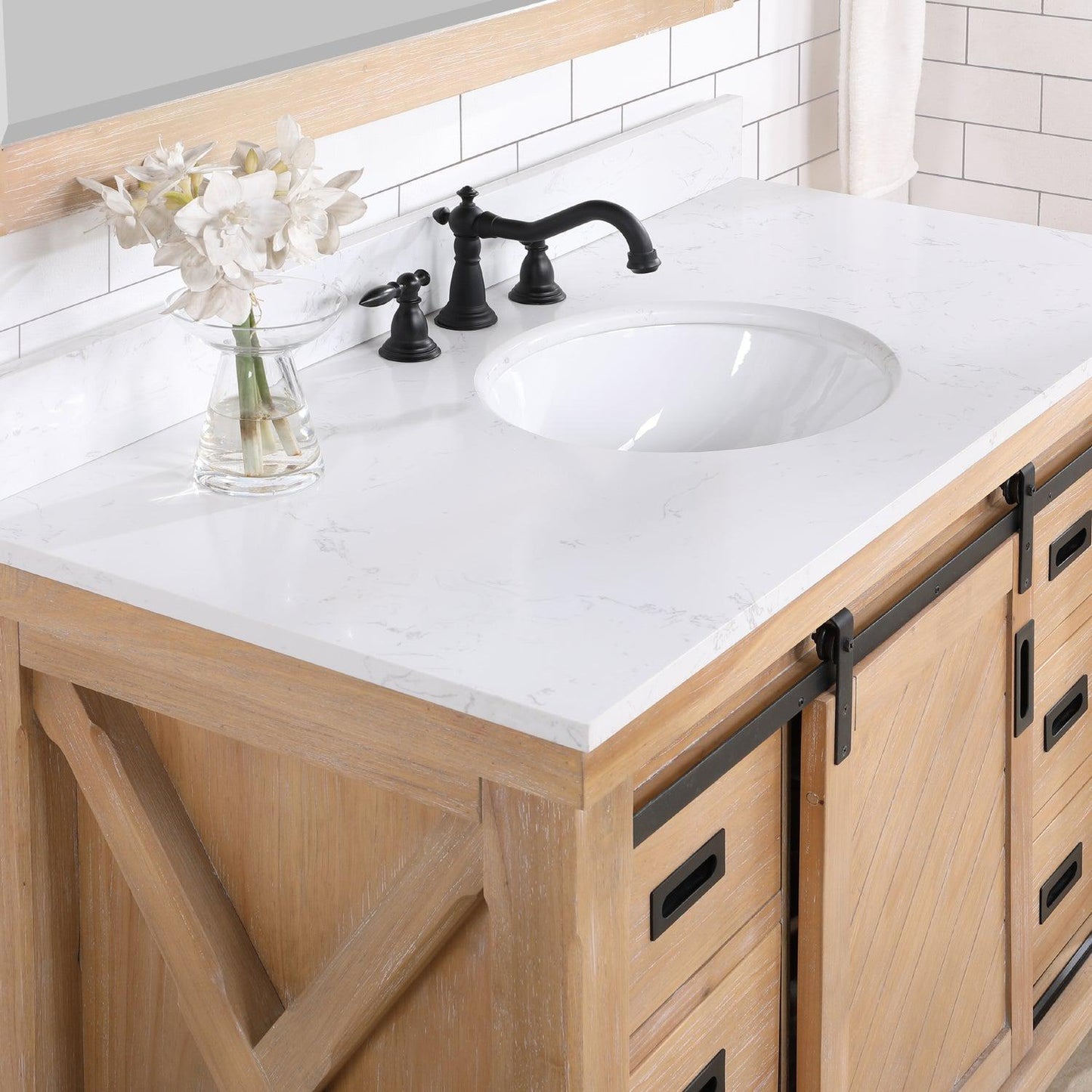 Vinnova Cortes 48" Single Sink Bath Vanity In Weathered Pine Finish With White Composite Countertop And Mirror