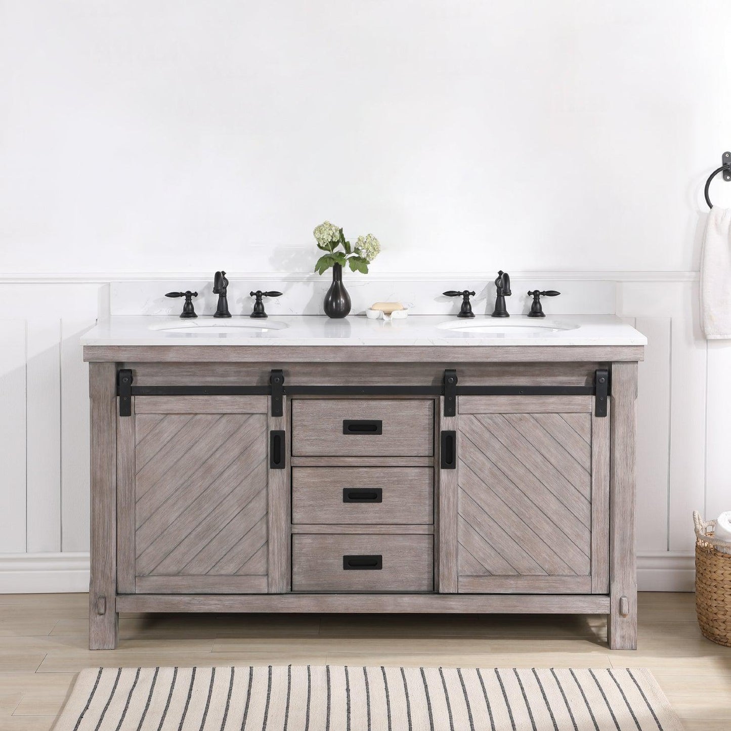 Vinnova Cortes 60" Double Sink Bath Vanity In Classical Grey Finish With White Composite Countertop