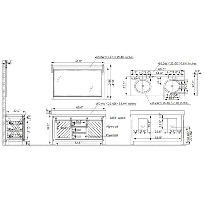 Vinnova Cortes 60" Double Sink Bath Vanity In Classical Grey Finish With White Composite Countertop And Mirror