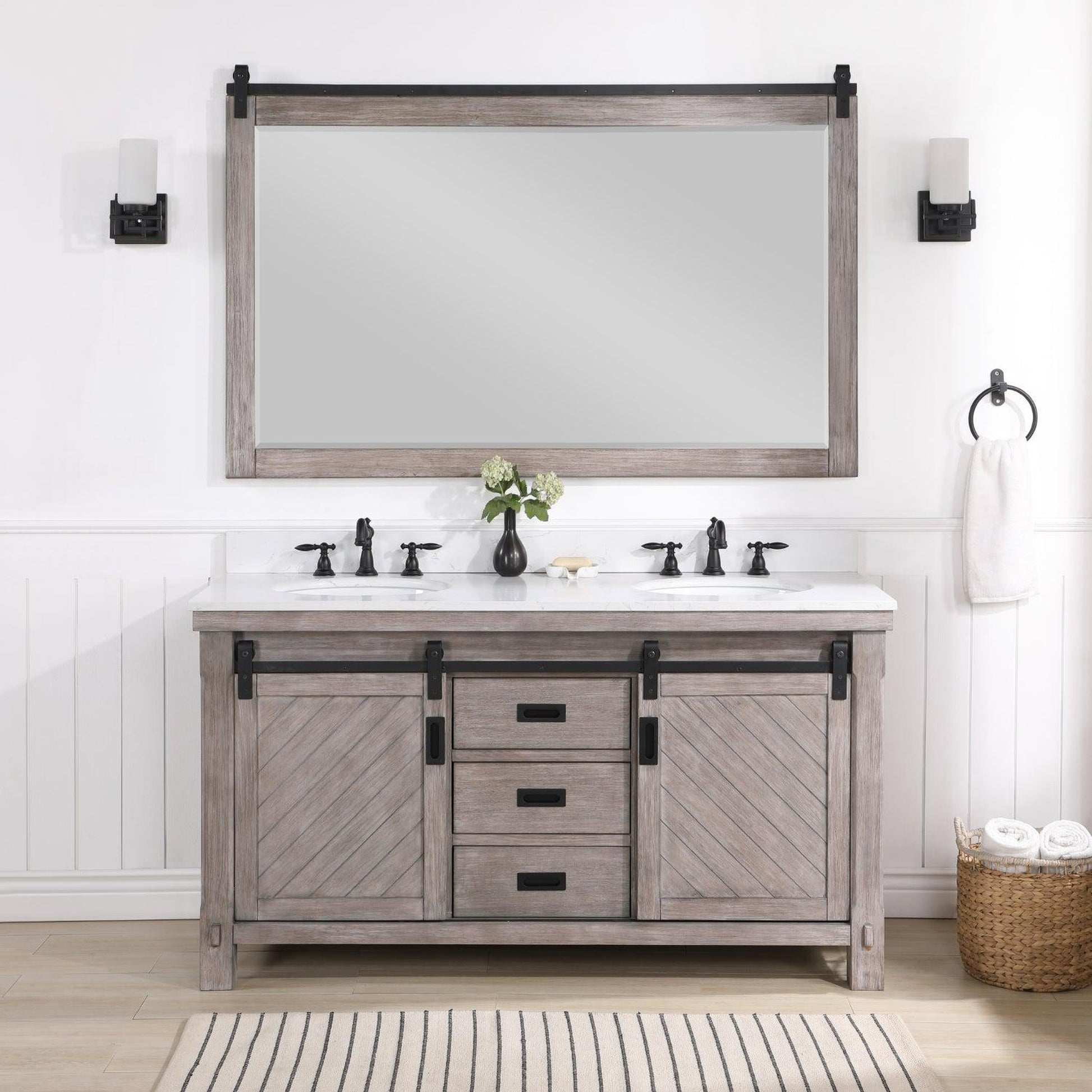 Vinnova Cortes 60" Double Sink Bath Vanity In Classical Grey Finish With White Composite Countertop And Mirror