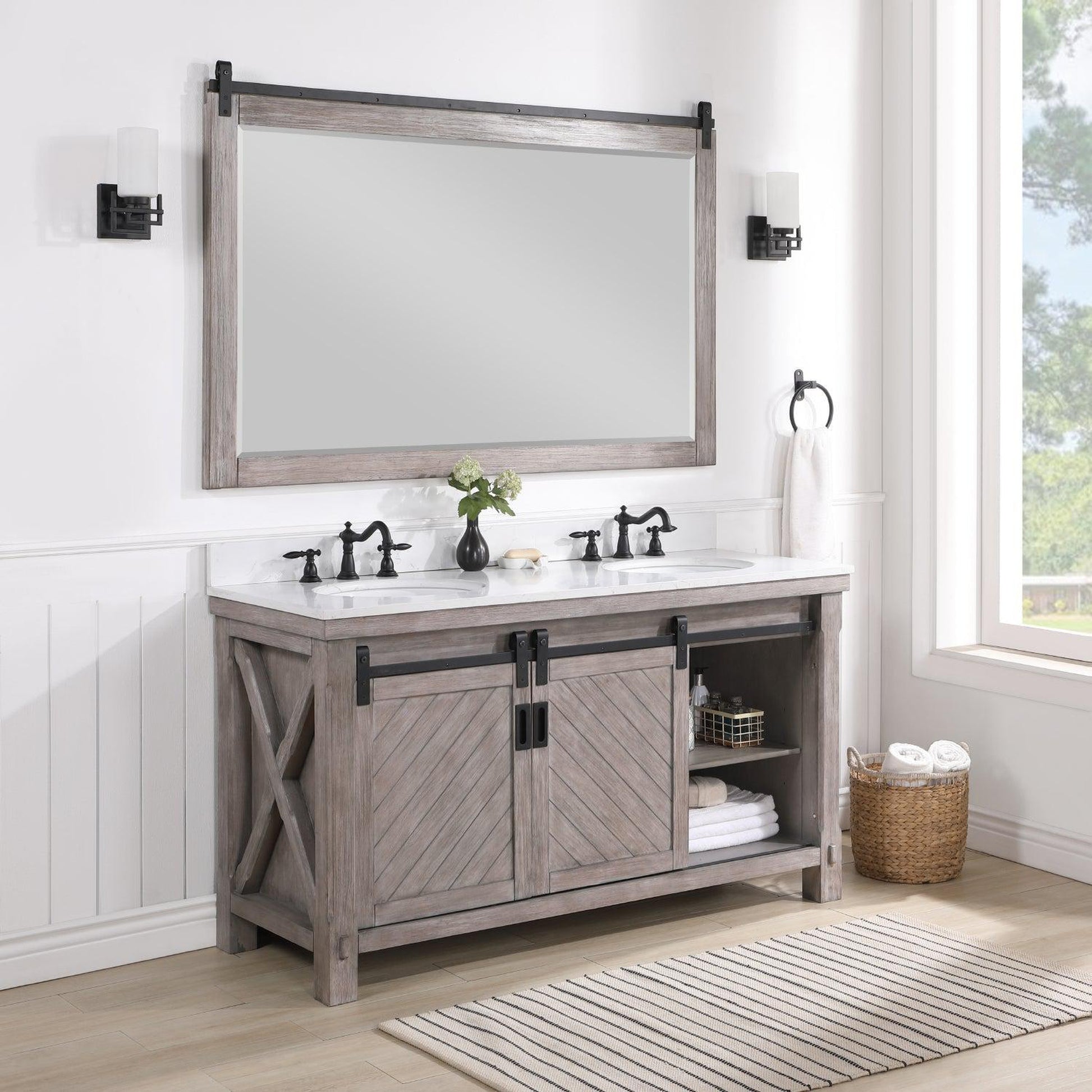 Vinnova Cortes 60" Double Sink Bath Vanity In Classical Grey Finish With White Composite Countertop And Mirror