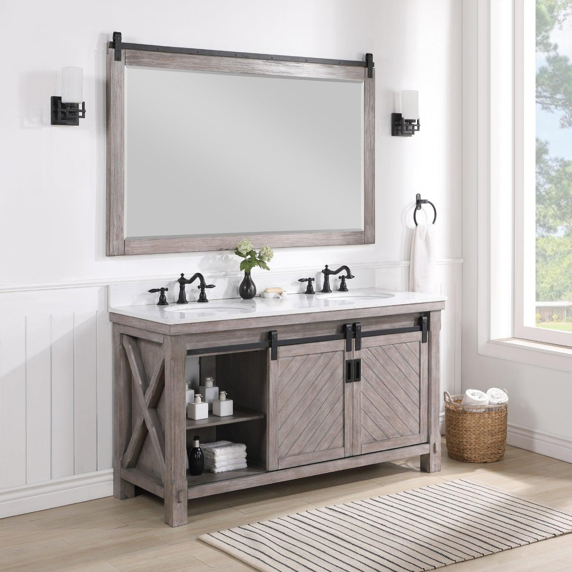 Vinnova Cortes 60" Double Sink Bath Vanity In Classical Grey Finish With White Composite Countertop And Mirror