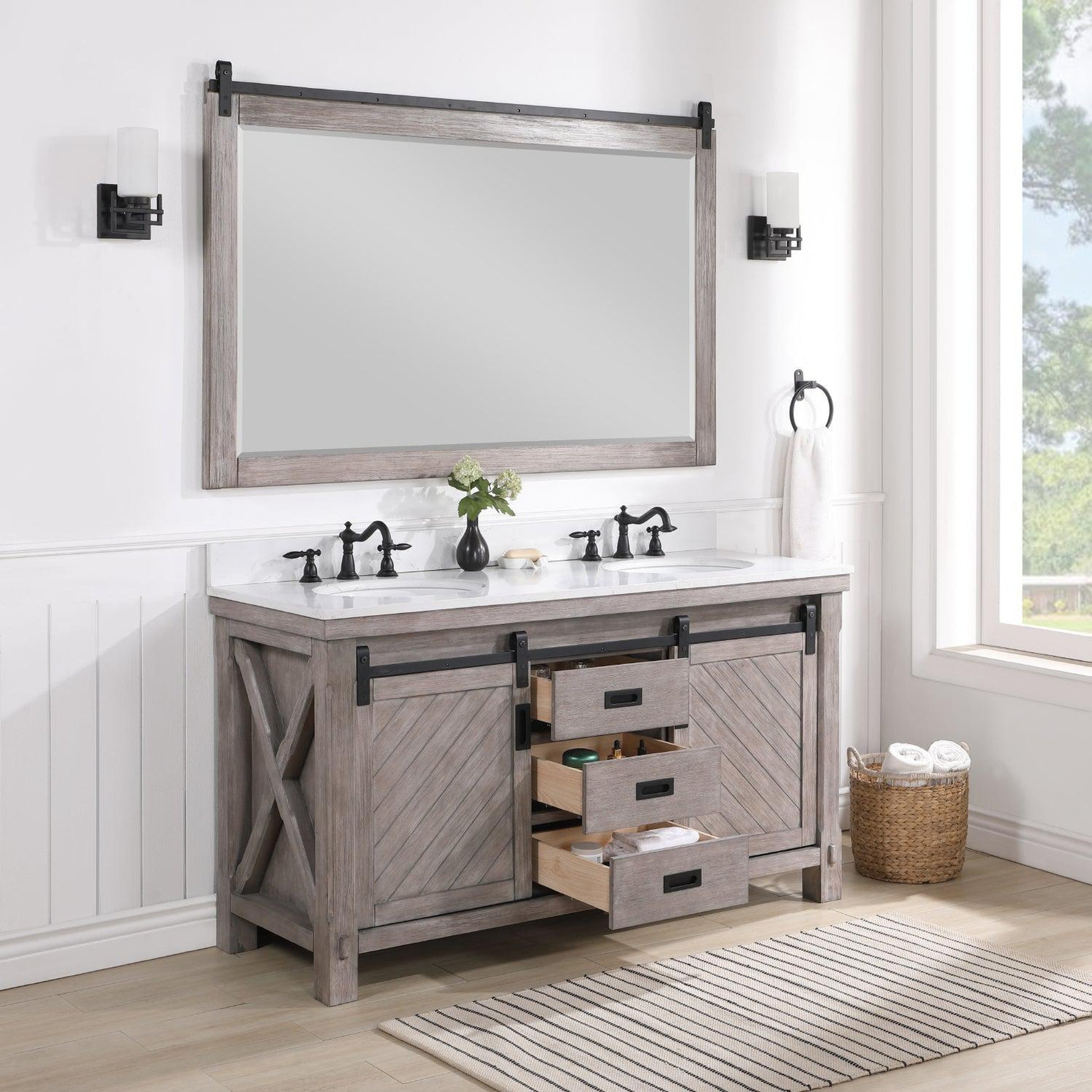 Vinnova Cortes 60" Double Sink Bath Vanity In Classical Grey Finish With White Composite Countertop And Mirror