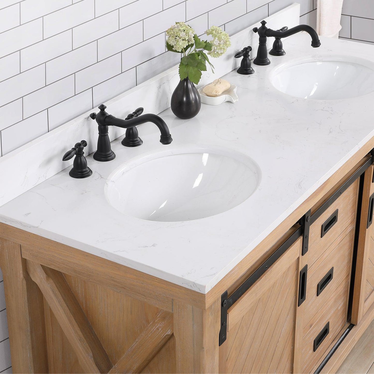 Vinnova Cortes 60" Double Sink Bath Vanity In Weathered Pine Finish With White Composite Countertop