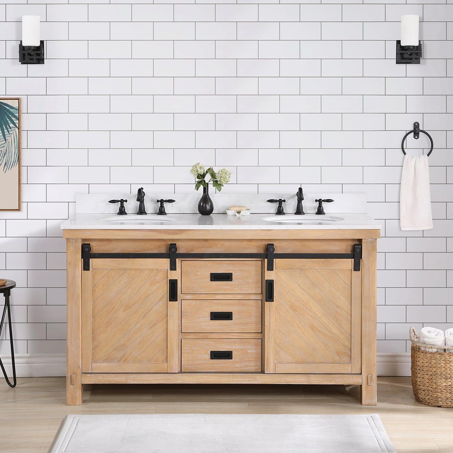 Vinnova Cortes 60" Double Sink Bath Vanity In Weathered Pine Finish With White Composite Countertop