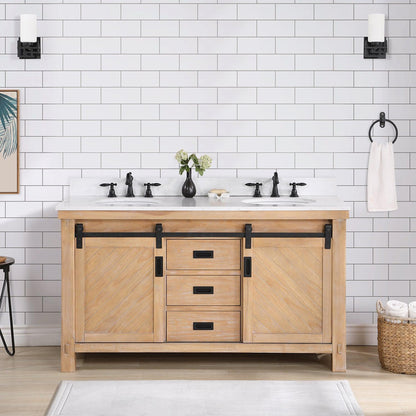 Vinnova Cortes 60" Double Sink Bath Vanity In Weathered Pine Finish With White Composite Countertop