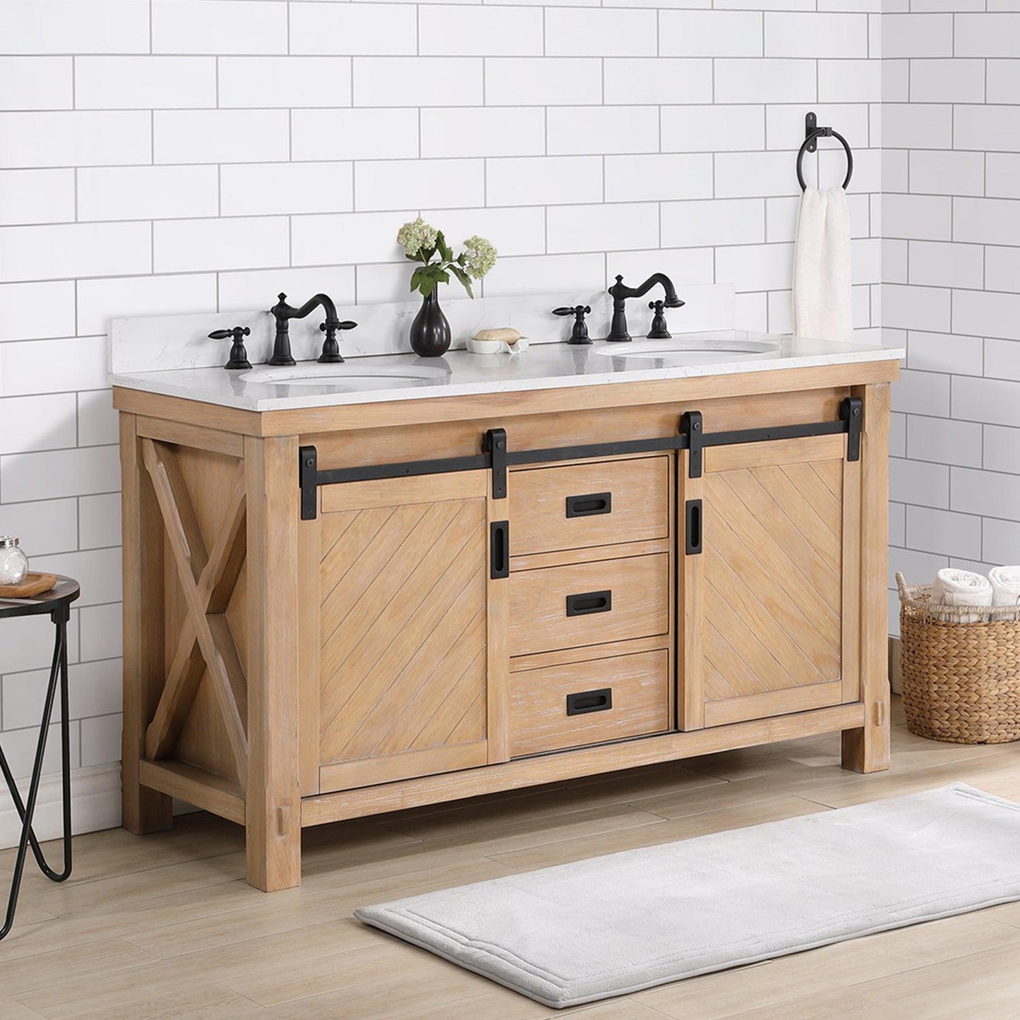 Vinnova Cortes 60" Double Sink Bath Vanity In Weathered Pine Finish With White Composite Countertop