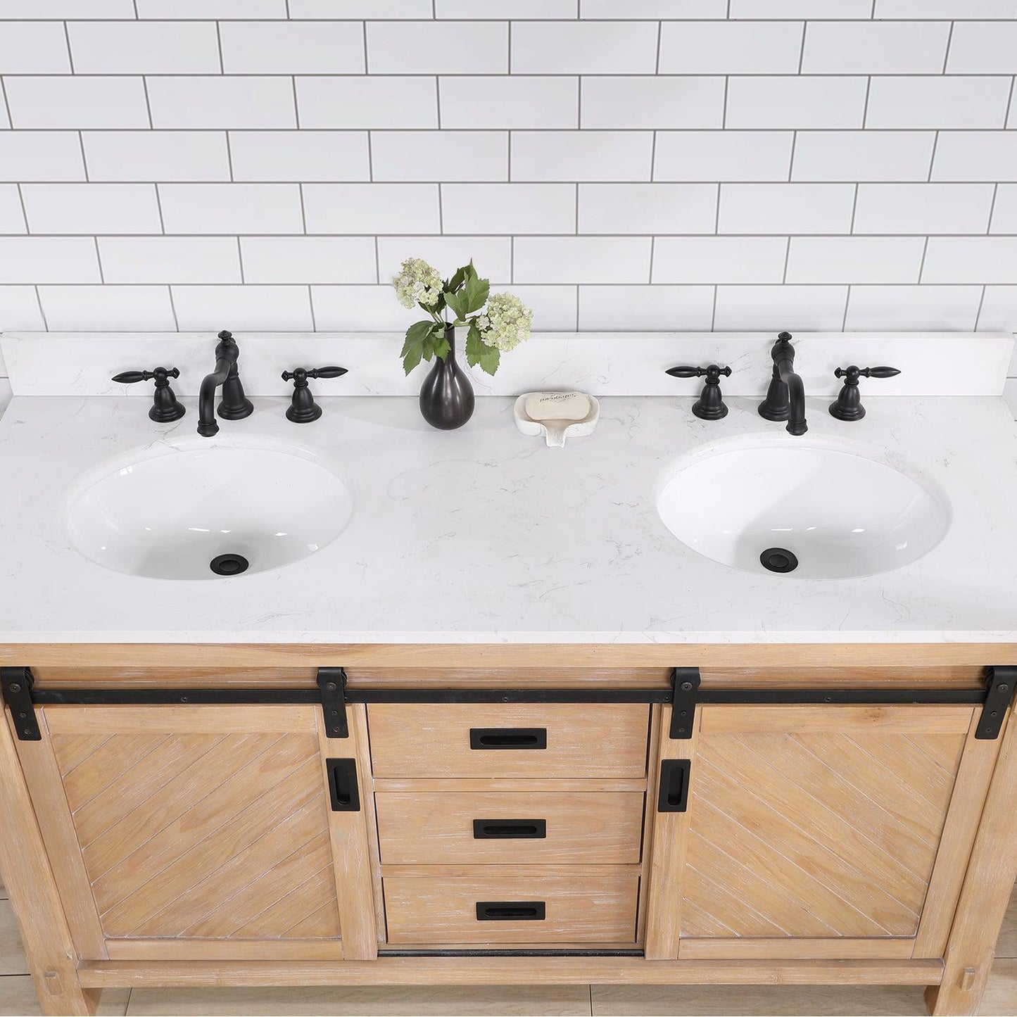 Vinnova Cortes 60" Double Sink Bath Vanity In Weathered Pine Finish With White Composite Countertop