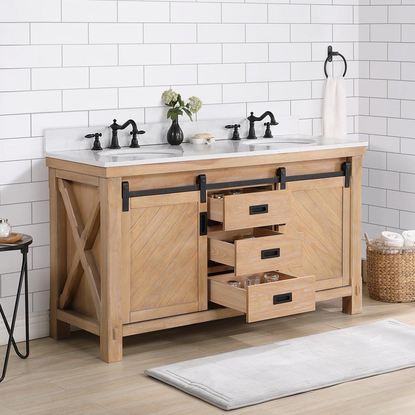 Vinnova Cortes 60" Double Sink Bath Vanity In Weathered Pine Finish With White Composite Countertop