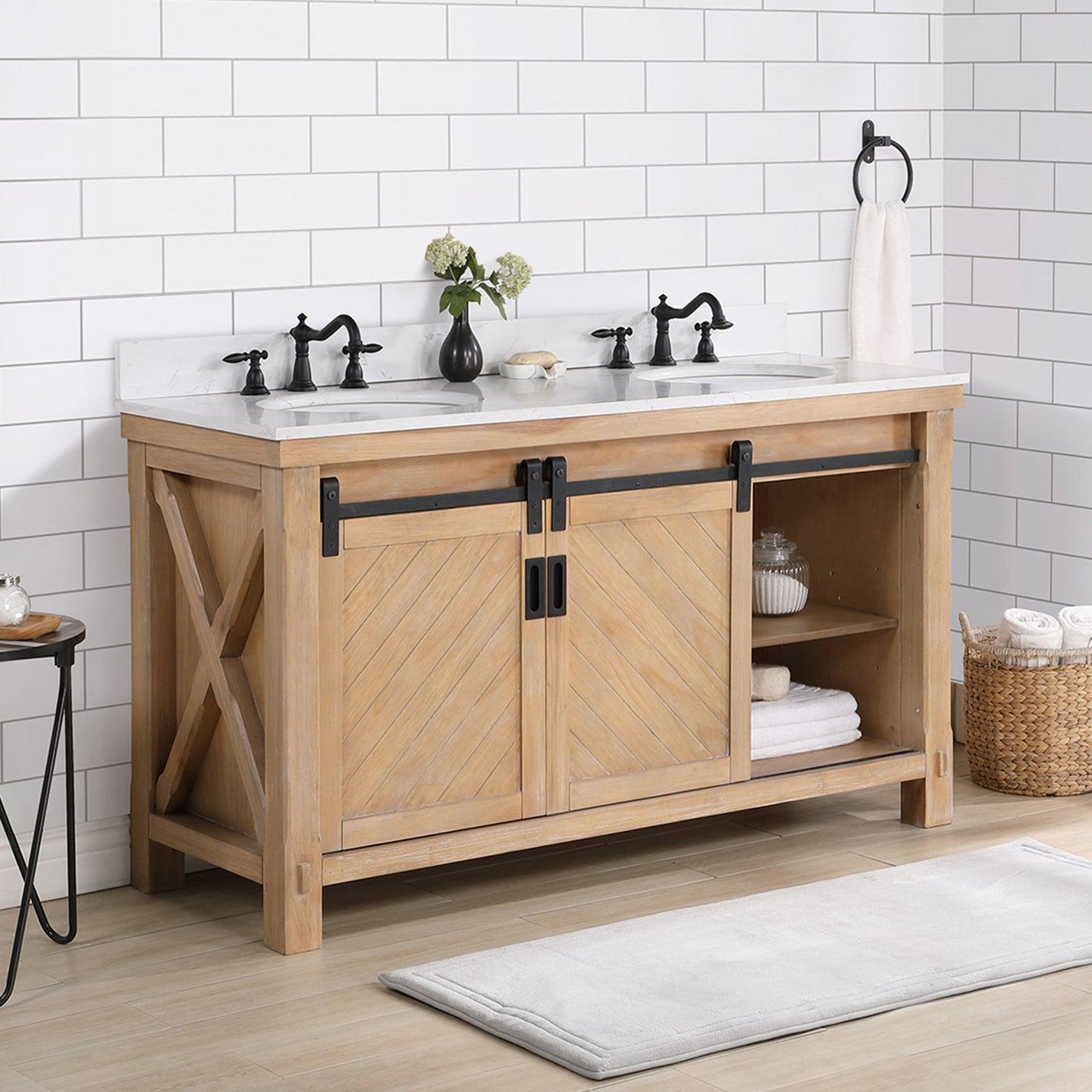 Vinnova Cortes 60" Double Sink Bath Vanity In Weathered Pine Finish With White Composite Countertop