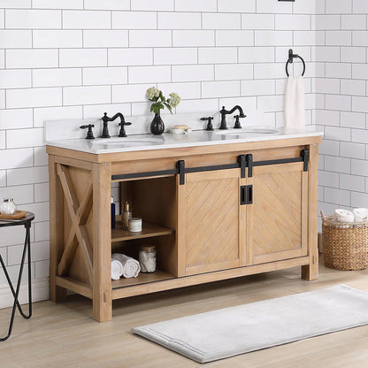 Vinnova Cortes 60" Double Sink Bath Vanity In Weathered Pine Finish With White Composite Countertop