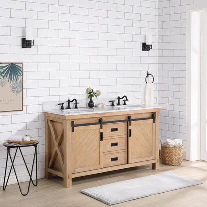 Vinnova Cortes 60" Double Sink Bath Vanity In Weathered Pine Finish With White Composite Countertop