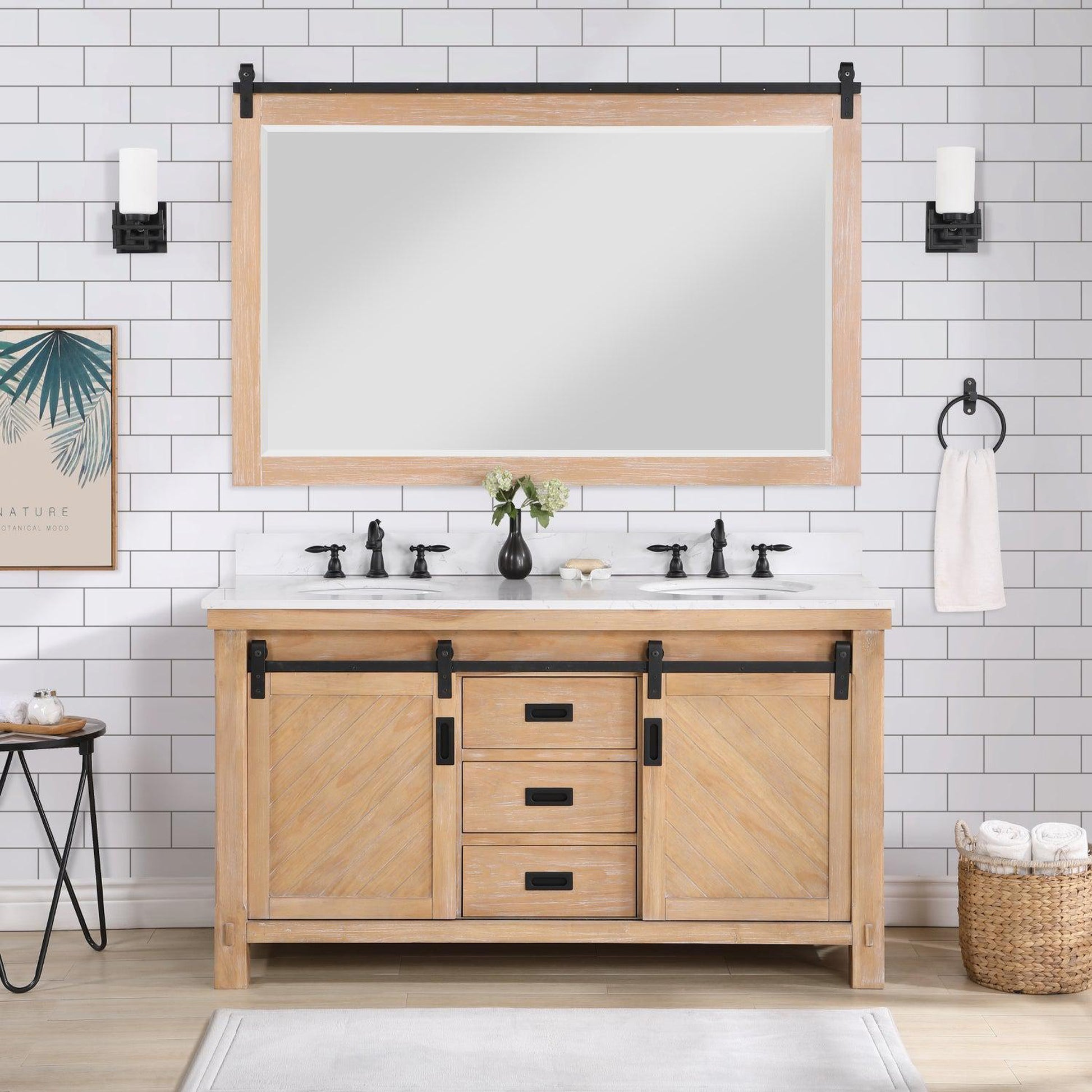 Vinnova Cortes 60" Double Sink Bath Vanity In Weathered Pine Finish With White Composite Countertop And Mirror