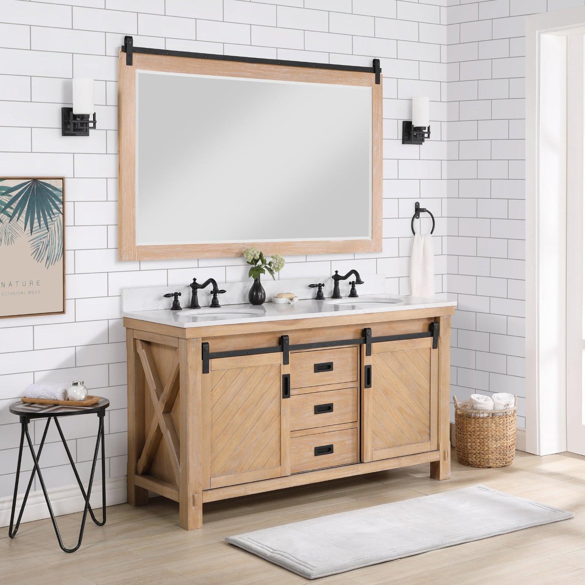 Vinnova Cortes 60" Double Sink Bath Vanity In Weathered Pine Finish With White Composite Countertop And Mirror