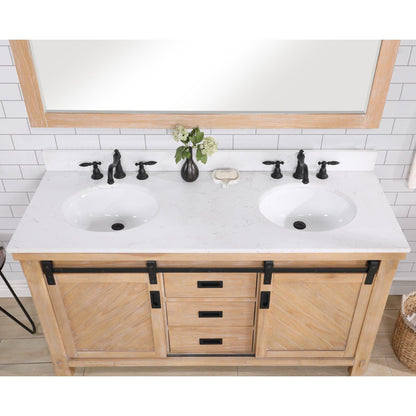 Vinnova Cortes 60" Double Sink Bath Vanity In Weathered Pine Finish With White Composite Countertop And Mirror
