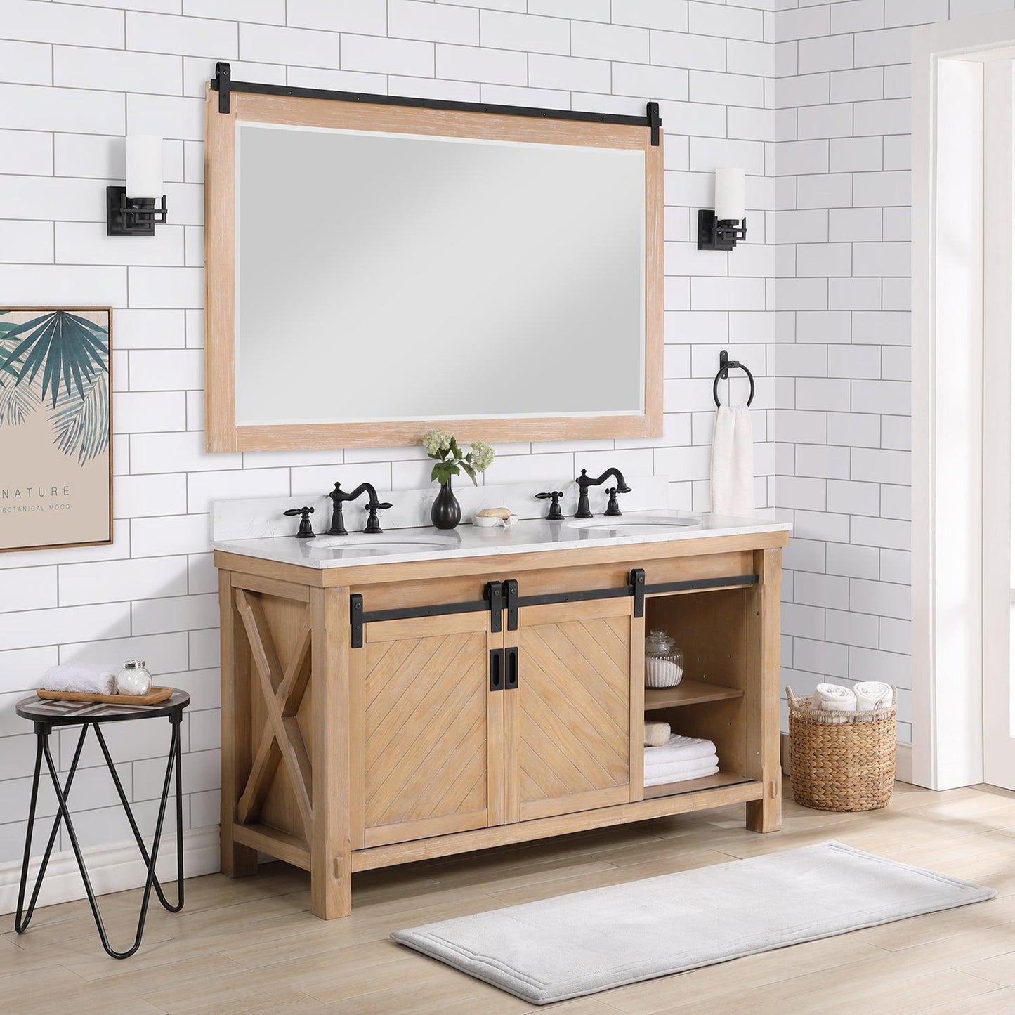 Vinnova Cortes 60" Double Sink Bath Vanity In Weathered Pine Finish With White Composite Countertop And Mirror